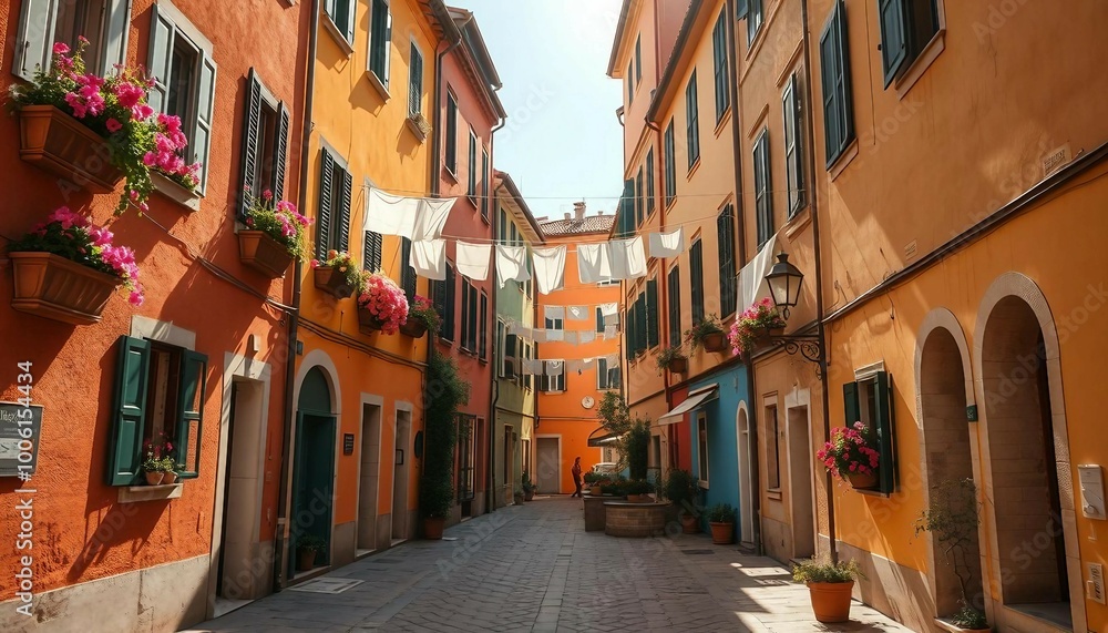 Tourist street with Italian-style houses featuring laundry on lines, full of charm. Tourist street with Italian-style houses featuring laundry on lines, full of charm.