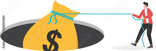 businessmen being pulled into the cave by a heavy money bag

