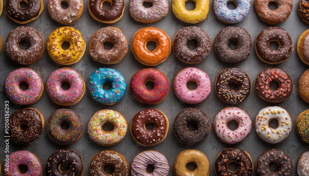 A flat lay of colorful donuts arranged in rows on a gray background. A flat lay of colorful donuts arranged in rows on a gray background.