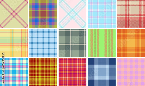 Plaid fabric patterns in vibrant checks, perfect for textile, clothing, or rustic wallpaper designs with a Scottish touch.