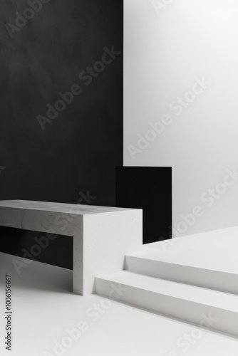 A minimalist modern interior featuring a black and white geometric design with a sleek marble bench and white steps.