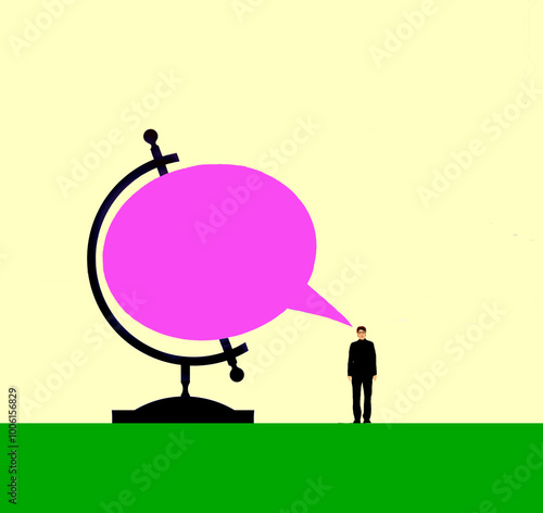 Concept illustration of a man standing next to an oversized speech bubble globe. photo