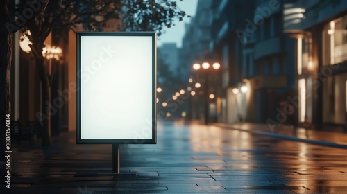 Empty illuminated signboard mockup on a city street at night, with blurred background of buildings and streetlights, offering space for logo or text