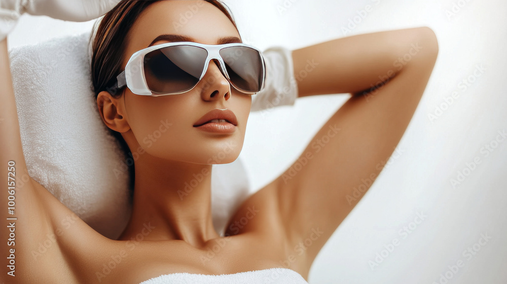 A woman is getting laser hair removal done on her armpits. A woman is getting laser hair removal done on her armpits.