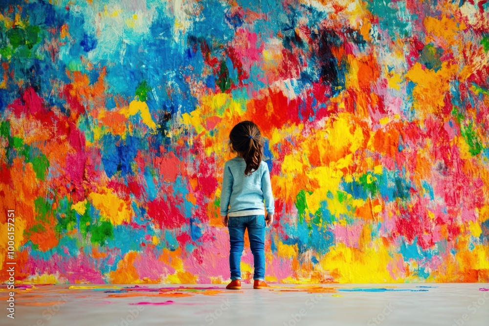 Fototapeta premium Joyful Child Explores Colorful Wall of Art