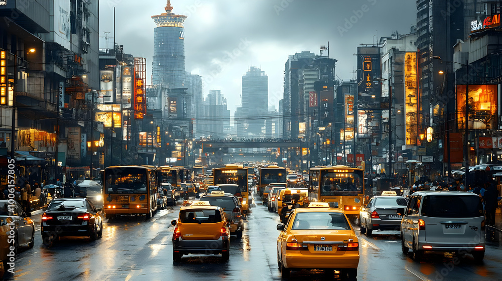 Naklejka premium Cityscape with Traffic and Skyscrapers in the Rain