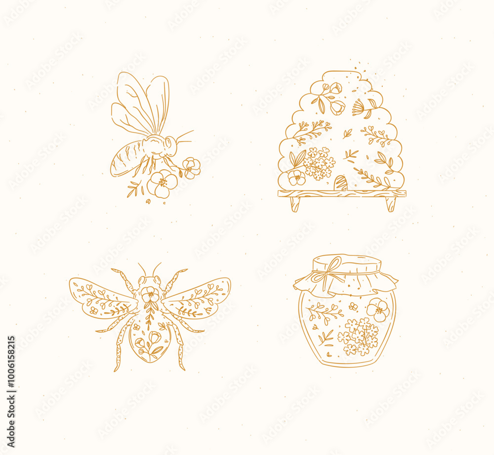 Bee honey symbols drawing in natural village floral style on beige background