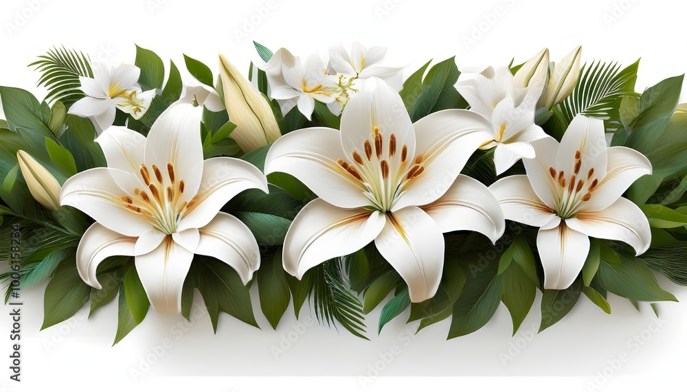 A cut-out floral border with white and cream lilies surrounded by lush green leaves. A cut-out floral border with white and cream lilies surrounded by lush green leaves.