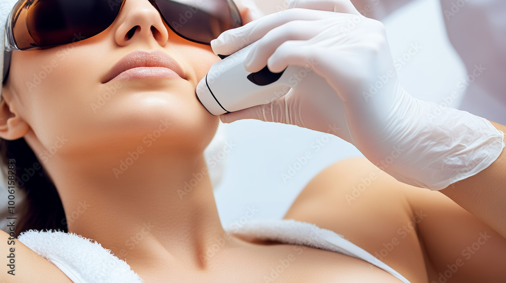 Naklejka premium A woman is getting laser hair removal done on her armpits.