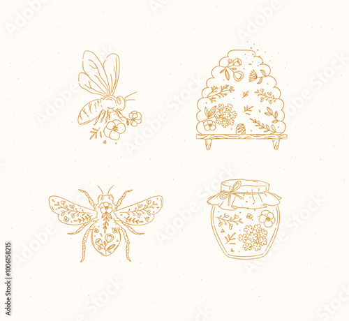 Bee honey symbols drawing in natural village floral style on beige background