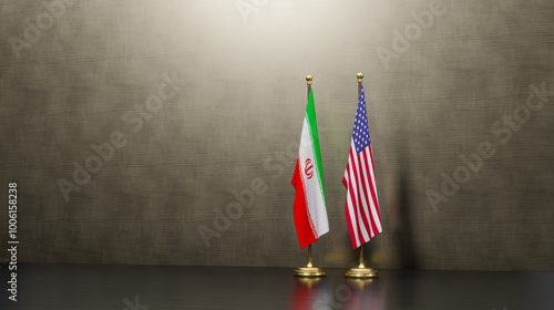 Iran and United States flags on table. Negotiation between USA and Iran. on background. 3D work and 3D image