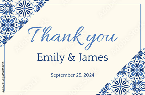 Elegant thank you card with Mediterranean floral patterns in navy blue and white. Ideal for weddings and events. Portuguese tiles, ornate damask frames, and Moroccan ceramics. Invitation Template.