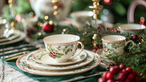 Elegant Christmas Dinner Table Setting with Festive Decorations