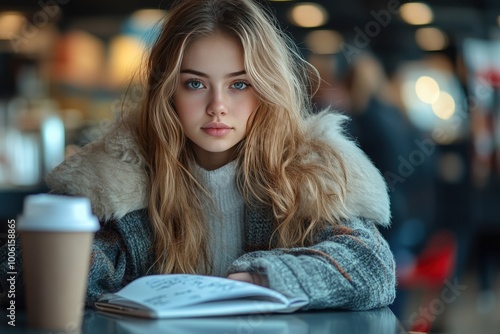 Blonde Woman Reading in Coffee Shop with Takeaway Cup on Table