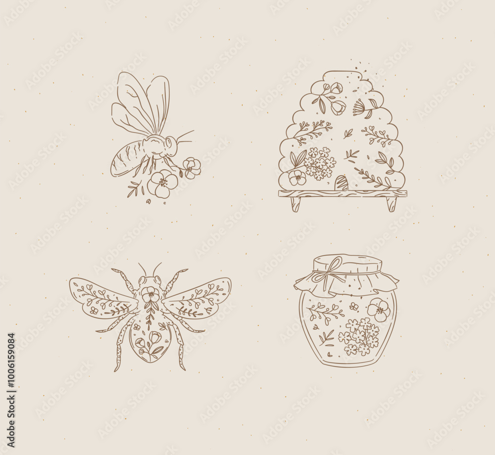 Bee honey symbols drawing in natural village floral style on coffee color background