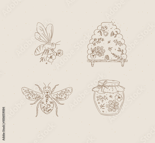Obraz na płótnie Bee honey symbols drawing in natural village floral style on coffee color background w salonie