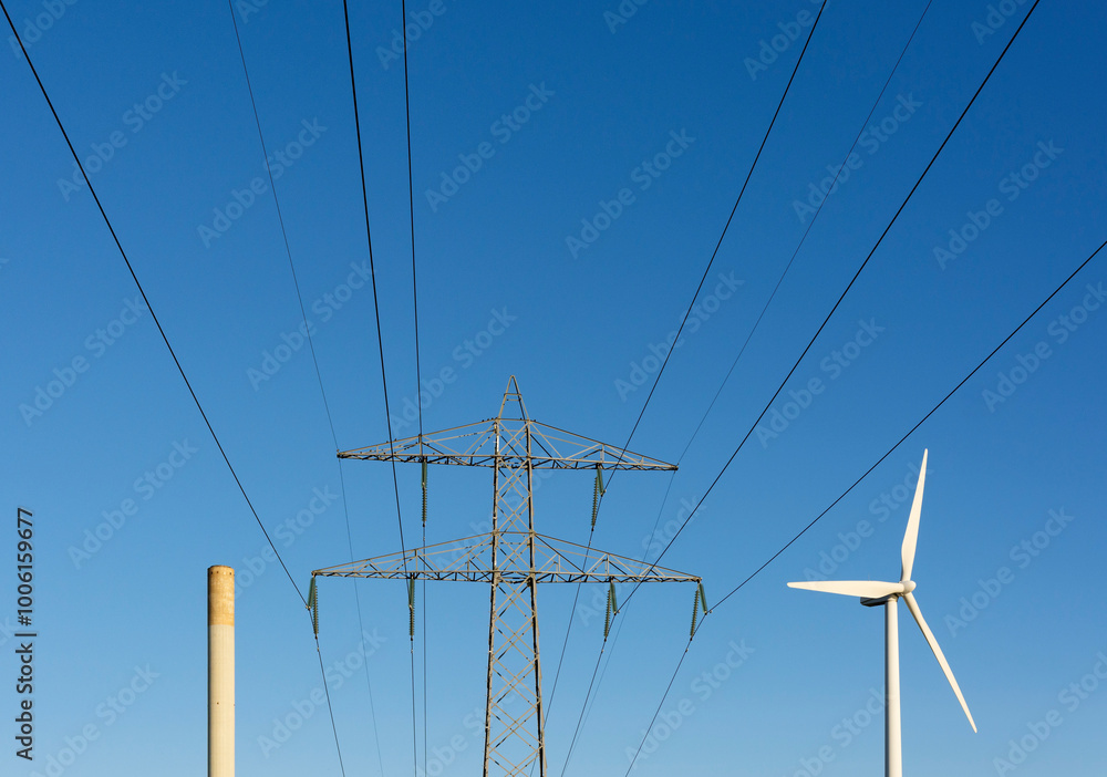Power line, chimney and wind turbine against a clear sky in the Netherlands. Power line, chimney and wind turbine against a clear sky in the Netherlands.