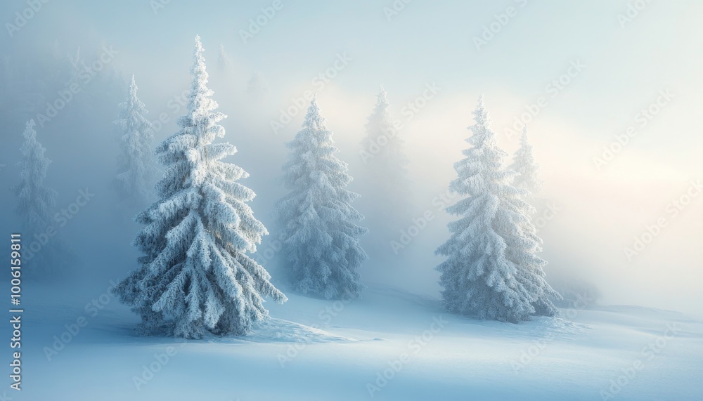 A group of snow-covered fir trees stand tall in a field of pristine white snow A group of snow-covered fir trees stand tall in a field of pristine white snow