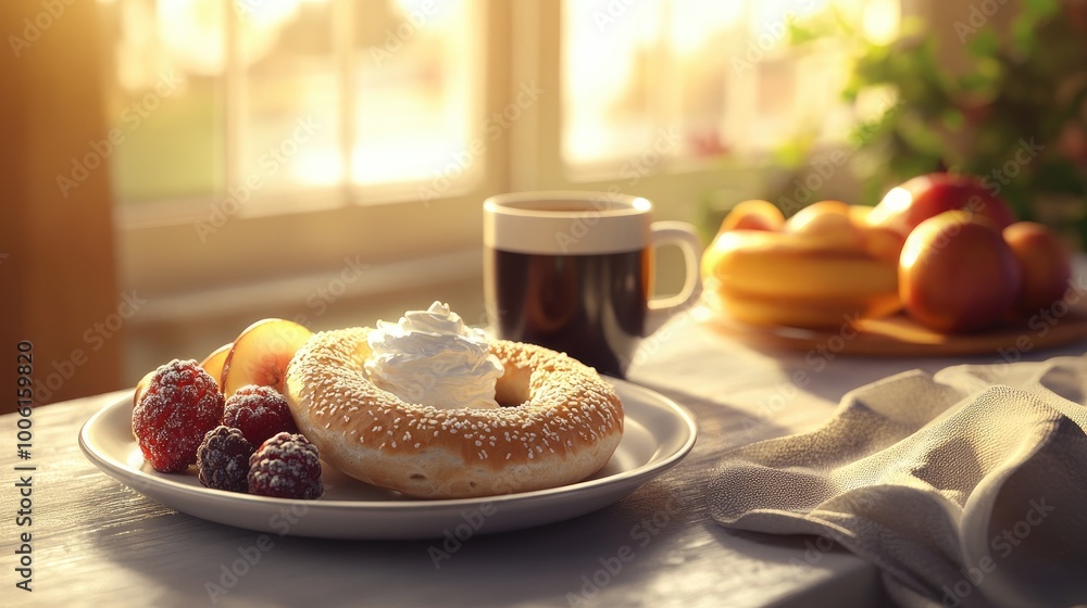 A plate of bagels with cream cheese, a cup of black coffee, and fresh fruit on a clean breakfast table, set against a warm, realistic backdrop A plate of bagels with cream cheese, a cup of black coffee, and fresh fruit on a clean breakfast table, set against a warm, realistic backdrop