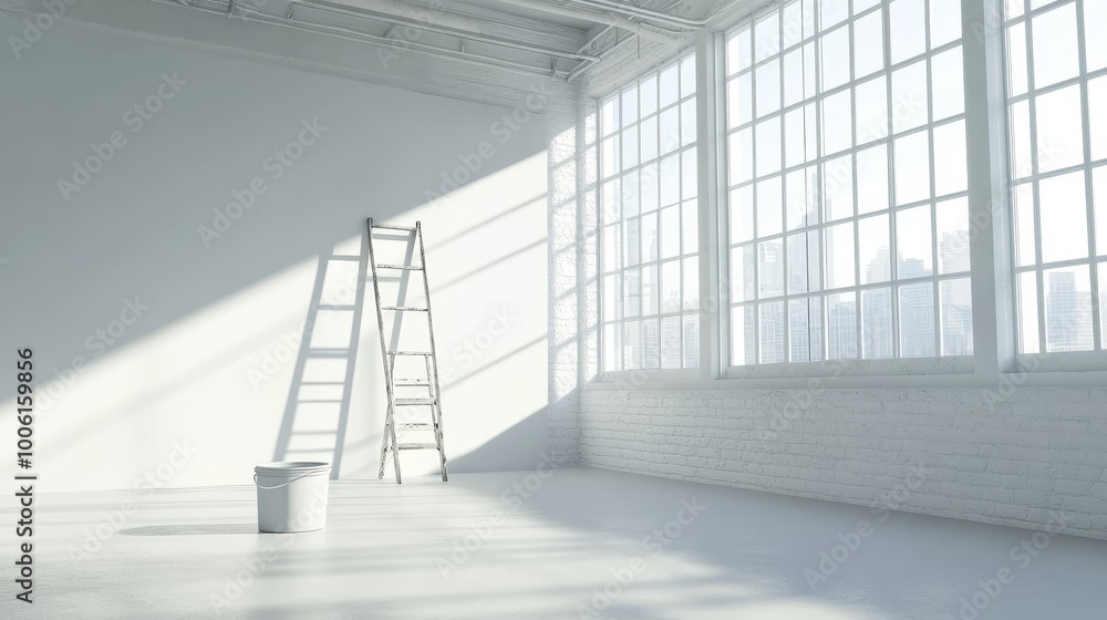 Obraz premium A white room with a ladder leaning against the wall and a bucket on the floor