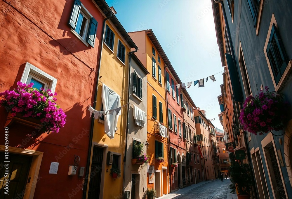 Fototapeta premium Tourist street with Italian-style houses featuring laundry on lines, full of charm.