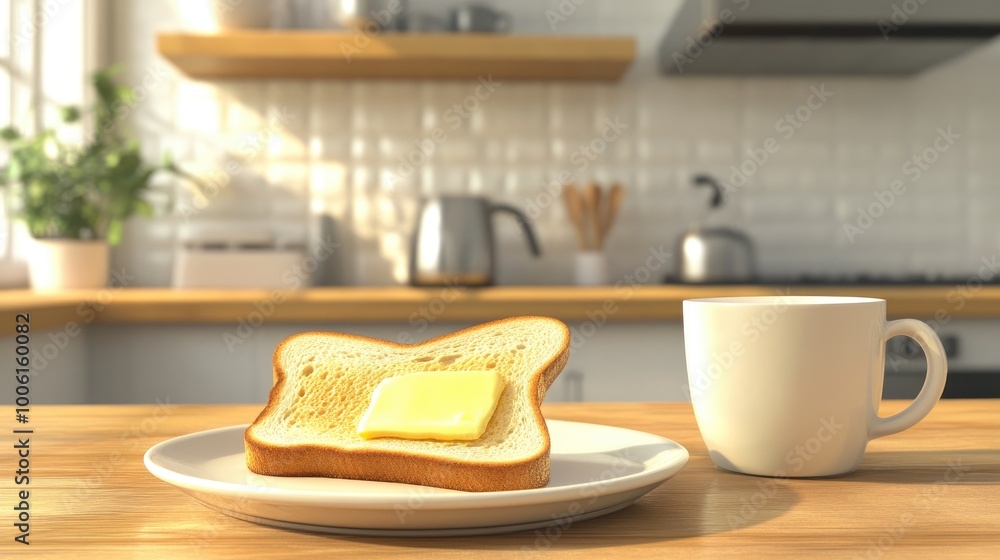A simple breakfast with toast, butter, and a cup of coffee on a wooden table, set against a cozy and realistic kitchen background A simple breakfast with toast, butter, and a cup of coffee on a wooden table, set against a cozy and realistic kitchen background