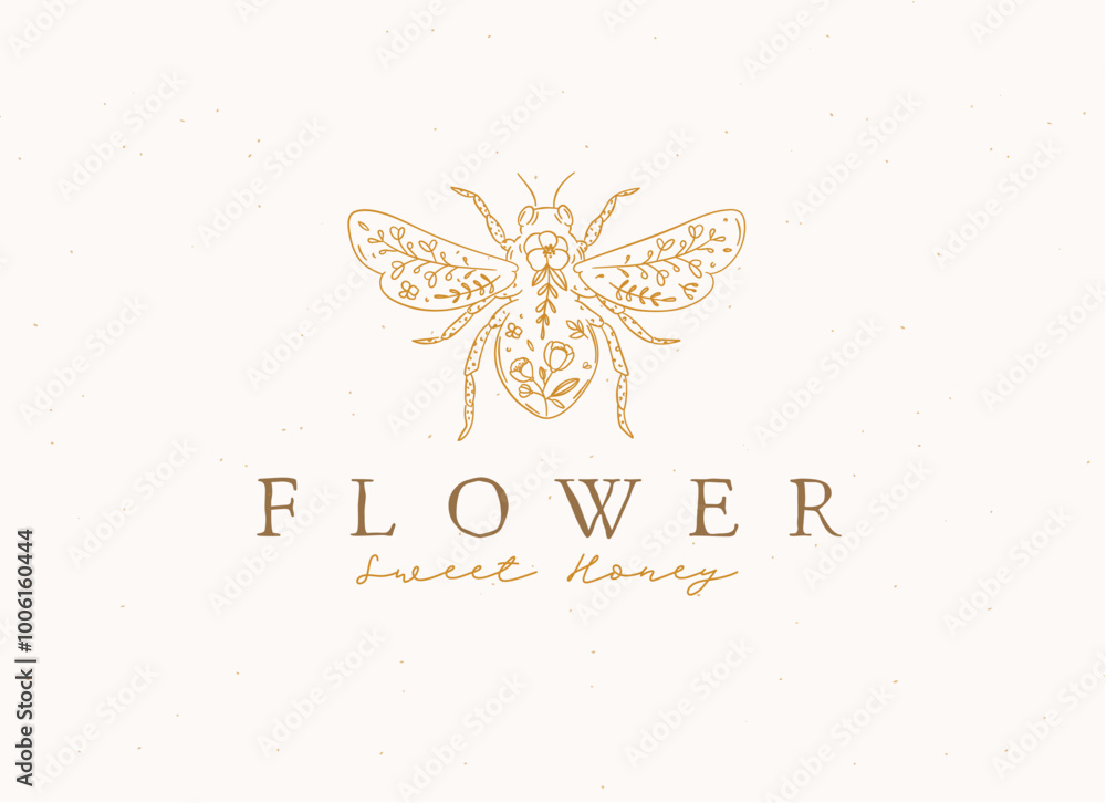 Bee with lettering flower sweet honey drawing in floral style on beige background