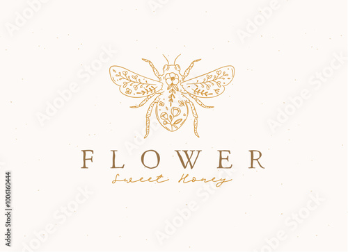 Obraz na płótnie Bee with lettering flower sweet honey drawing in floral style on beige background w salonie