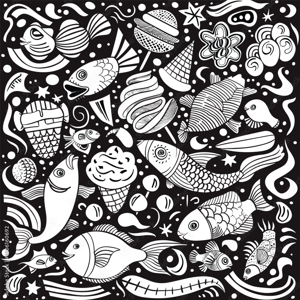 Naklejka premium Fish Hand Drawn Doodle Vector Design