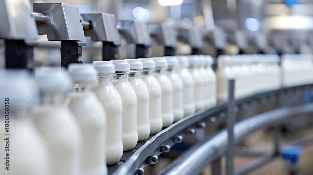 Milk bottles on a conveyor belt in a dairy factory. Milk bottles on a conveyor belt in a dairy factory.