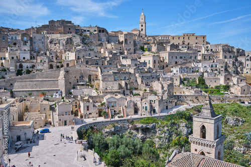 Panoramic view of the historic city of Matera, Italy with stone houses and medieval architecture. photo