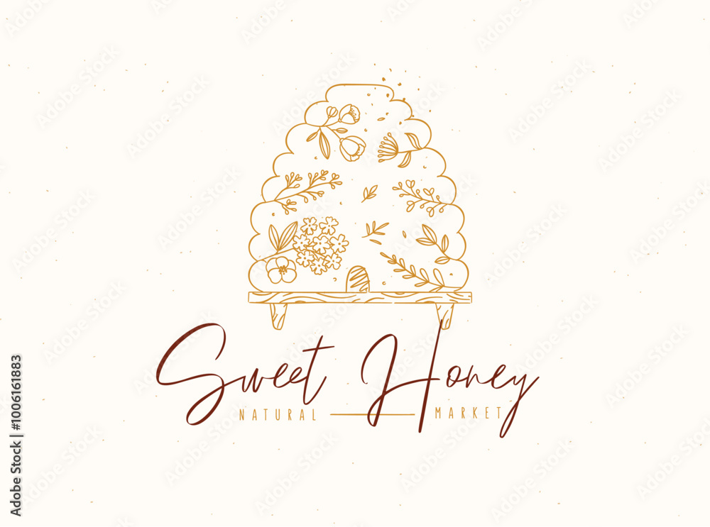 Beehive with inscription sweet honey natural market drawing in floral style on beige background