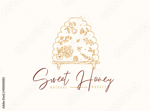 Obraz na płótnie Beehive with inscription sweet honey natural market drawing in floral style on beige background w salonie