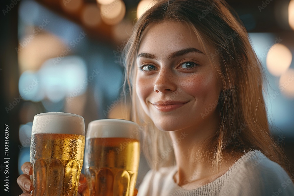 Two pints of beer carried by a Beautiful handsome woman waitress in a diner restaurant. Generative Ai Two pints of beer carried by a Beautiful handsome woman waitress in a diner restaurant. Generative Ai