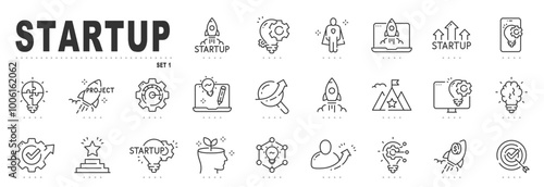 Set of startup related line icons. Launch, rocket, project, development etc. Editable stroke.