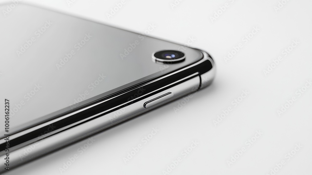 Sleek Silver Tablet: A close-up of a silver tablet's edge, highlighting its minimalist design and smooth, polished finish. The focus on the camera lens and power button emphasizes its functionality. Sleek Silver Tablet: A close-up of a silver tablet's edge, highlighting its minimalist design and smooth, polished finish. The focus on the camera lens and power button emphasizes its functionality.