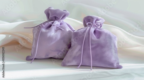 Purple Fabric Pouches with Elegant Ties in Soft Light