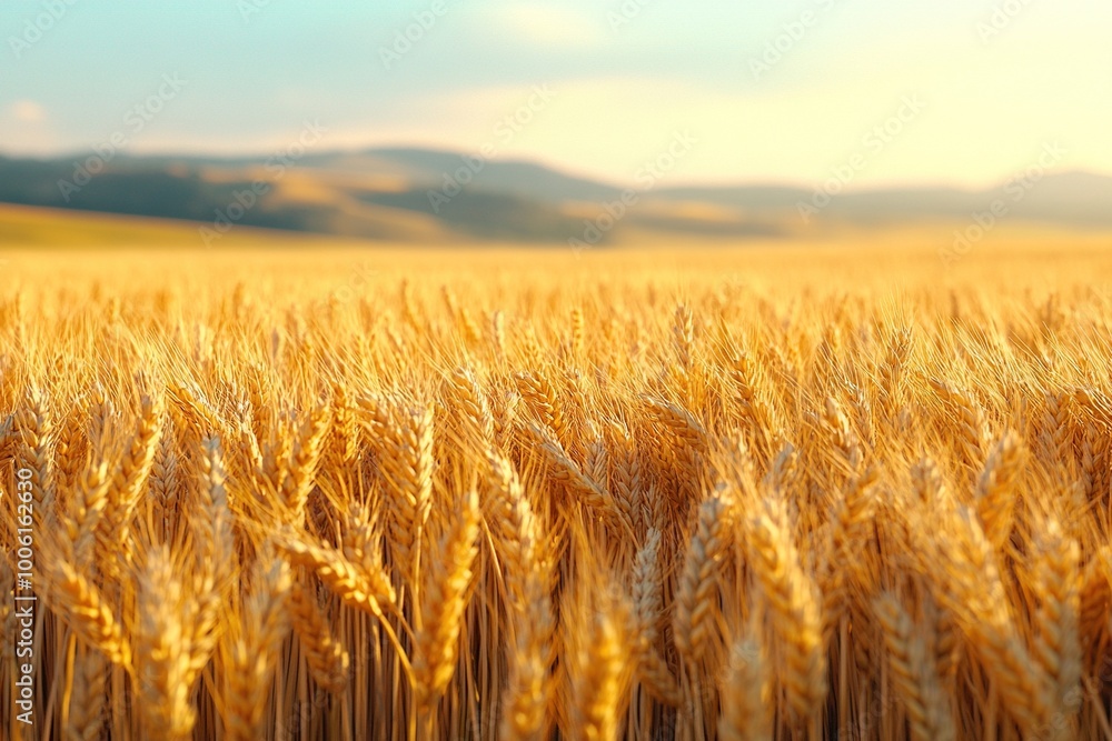 A detailed close-up panoramic view of golden wheat fields gently swaying in the breeze under a clear azure sky during a vibrant sunset. Warm sunlight casts a golden glow over the landscape. A detailed close-up panoramic view of golden wheat fields gently swaying in the breeze under a clear azure sky during a vibrant sunset. Warm sunlight casts a golden glow over the landscape.