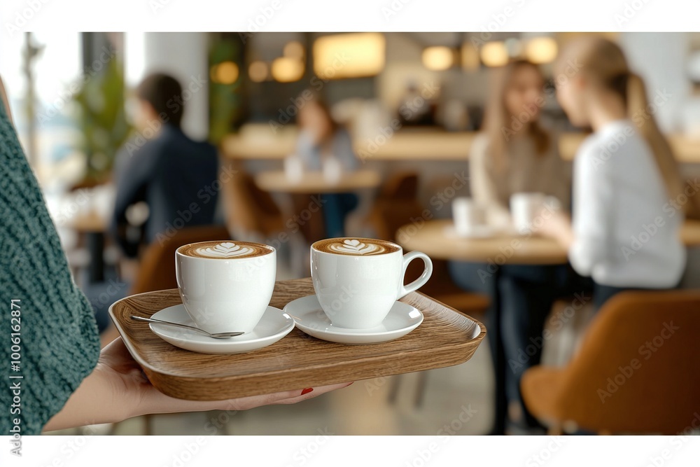 Tray with coffee cups held by Waitress at cafe bar. Generative Ai Tray with coffee cups held by Waitress at cafe bar. Generative Ai