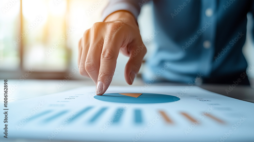 Close up of hand pointing at pie chart on paper, illustrating data analysis and business insights. image conveys sense of focus and professionalism in corporate environment Close up of hand pointing at pie chart on paper, illustrating data analysis and business insights. image conveys sense of focus and professionalism in corporate environment