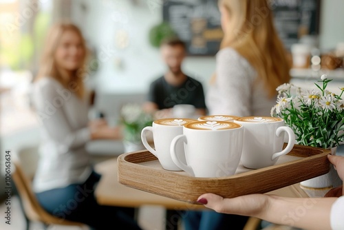 Tray with coffee cups held by Waitress at cafe bar. Generative Ai photo