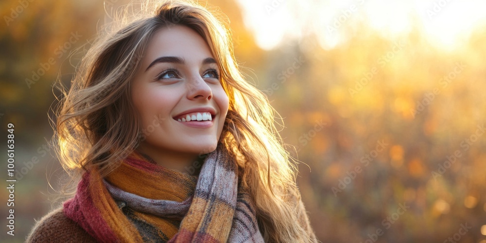 Radiant Young Woman Enjoying Autumn Sunshine in a Park Radiant Young Woman Enjoying Autumn Sunshine in a Park