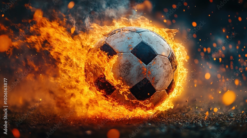 Fototapeta premium Soccer Ball Engulfed in Flames in Dramatic Fiery Motion