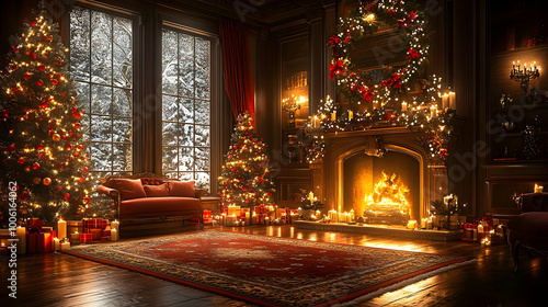 Wallpaper Mural Cozy Christmas Fireplace with Decorated Tree and Presents Torontodigital.ca