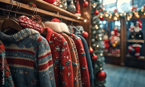 Wallpaper Mural Choosing holiday outfits for a Christmas party, with festive clothing, accessories, and decorations in the background. . Video Torontodigital.ca