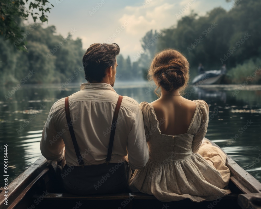 Fototapeta premium A couple dressed in Victorian era clothing enjoys a romantic rowing boat ride on a tranquil lake.