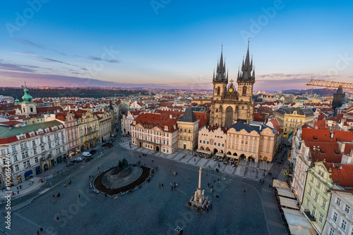 Aerial view of the panoramic view by sunset blue hour of the old town square with the National Gallery and The Church of Our Lady before Tyn in Prague, Czech Republic, nobody photo