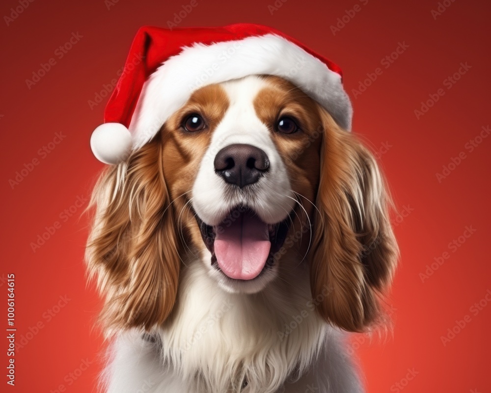 Portrait of a dog of breed in a Santa hat on a red background Portrait of a dog of breed in a Santa hat on a red background