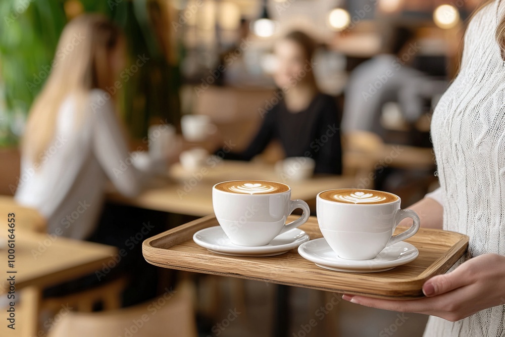 Tray with coffee cups held by Waitress at cafe bar. Generative Ai Tray with coffee cups held by Waitress at cafe bar. Generative Ai