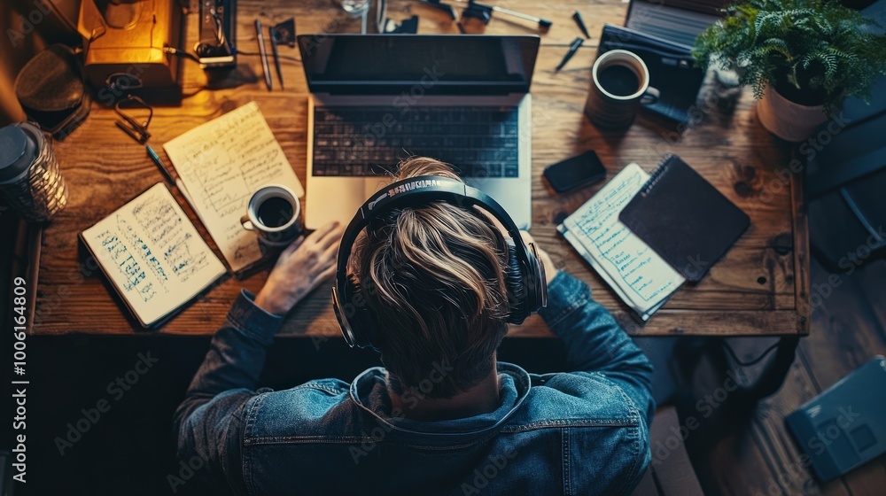 A relaxed podcasting scene with a hobbyist wearing headphones, recording a new episode at a desk filled with notes and a cup of coffee, emphasizing the comfort and creativity of podcasting A relaxed podcasting scene with a hobbyist wearing headphones, recording a new episode at a desk filled with notes and a cup of coffee, emphasizing the comfort and creativity of podcasting